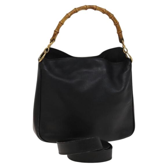 GUCCI Bamboo Hand Bag Leather Black Gold 001 2113 001 2113 - Picture 1 of 12